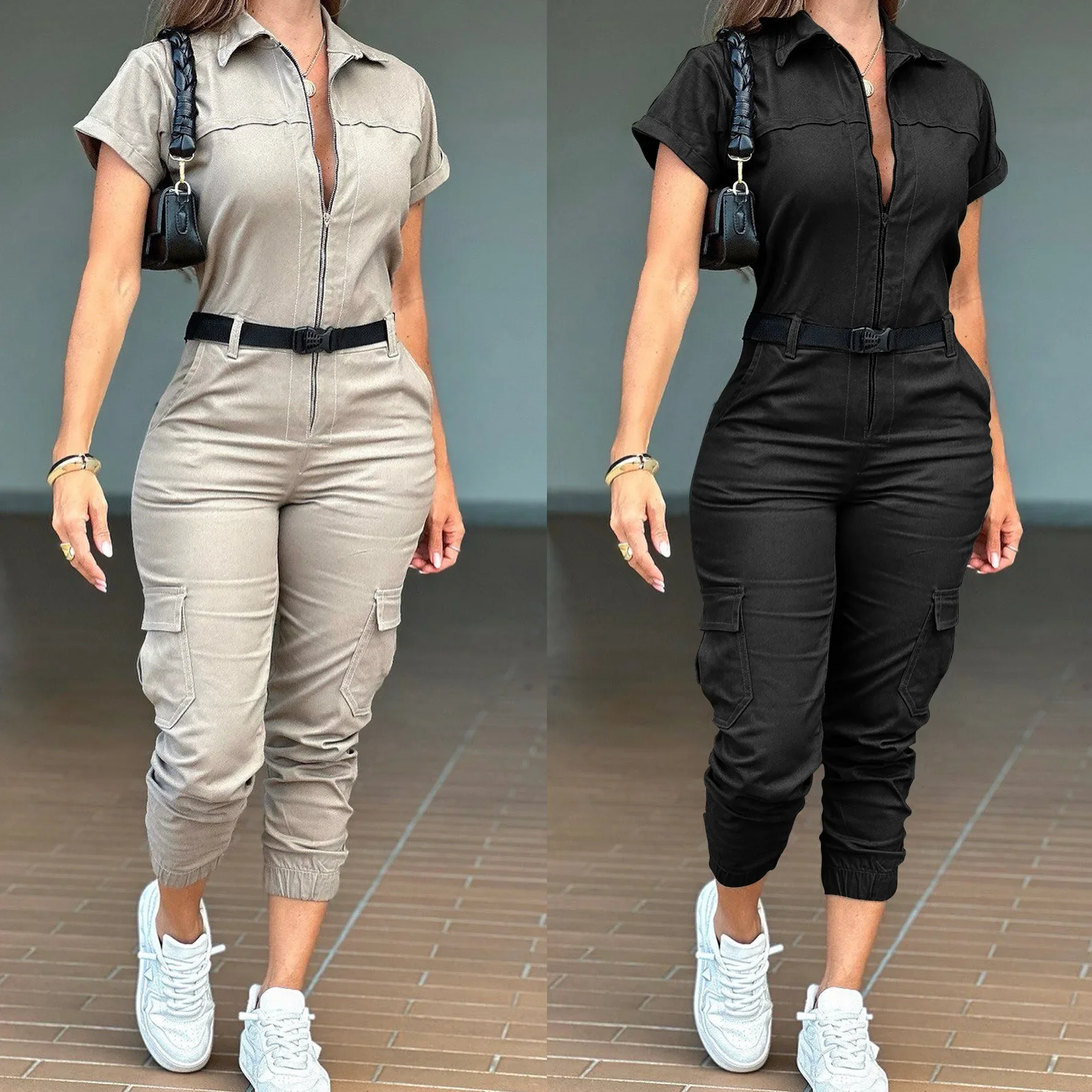 

Fashion Women's Jumpsuit New Sexy Zipper Workwear Short Sleeved Lapel Multi Pocket Waistband Bodysuit Pants Female 2024 Summer