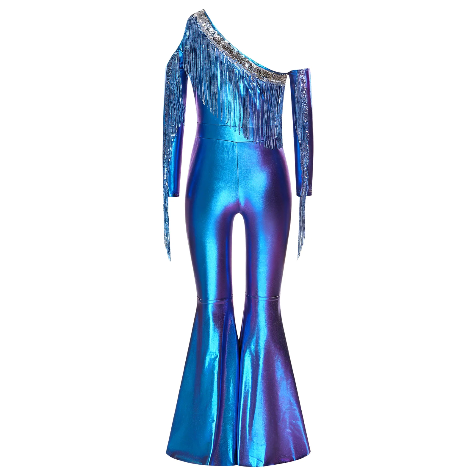 키즈 걸즈 메탈릭 샤이니 롬퍼스 재즈 디스코 댄스웨어 오프 숄더 롱 슬리브 스팽글 태슬 슬릿 벨 바텀 점프수트