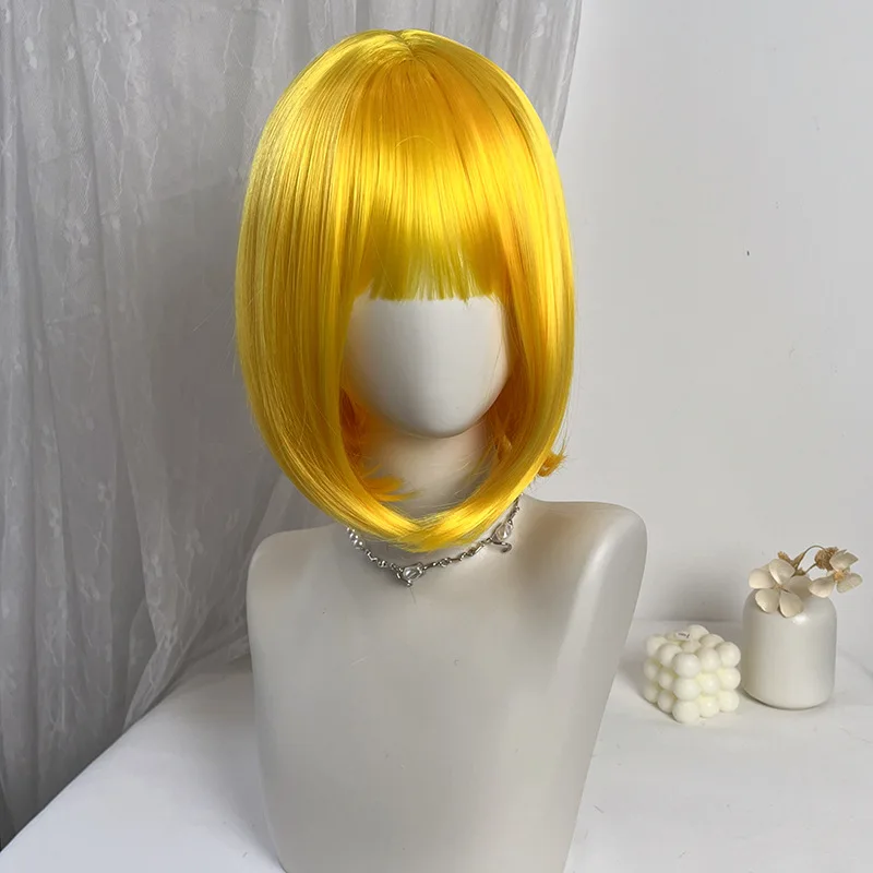 Image 7: Perruque courte pour femme, style bob jaune citron, perruque synthétique droite fabriquée à la machine pour cosplay d'Halloween