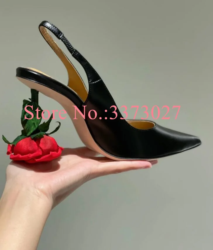 New Spring Rose Heel Leather Woman Shoes Fashion Design Pointed Toe Slingback Lady Pumps Sexy Strange Heel Sandals Dropship