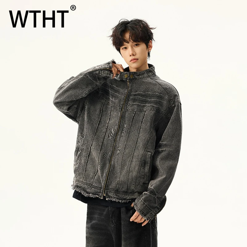 

Мужская джинсовая куртка WTHT Fashion с эффектом потертости, винтажный дизайн, весна 2026, на молнии, с воротником-стойкой, свободного кроя, модель 2A1316