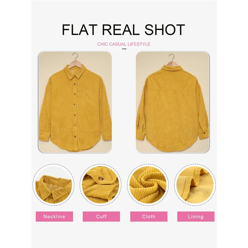 

【】Womens Corduroy Button Down Shirts Boyfriend Long Sleeve Oversized Blouses Tops