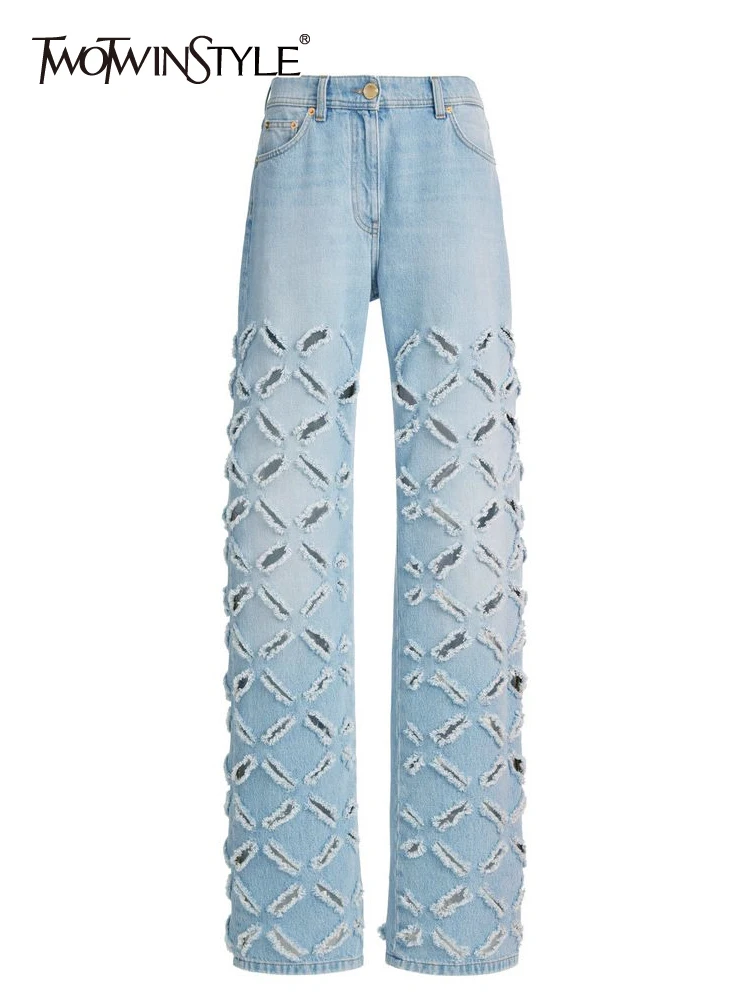 

TWOTWINSTYLE Hollow Out Jeans For Women High Waist Patchwork Button Loose Casual Temperament Solid Wide Leg Pants Female Fashion