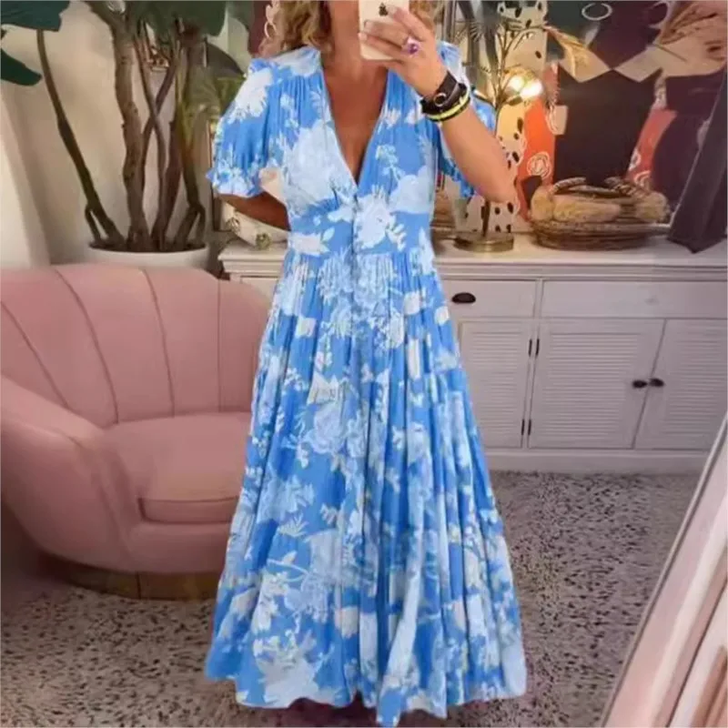 

Chic Floral Maxi Dress Bohemian Style Maxi Dress with Color Matching Print Pleated Patchwork Summer Women's A-line V Neck Dress