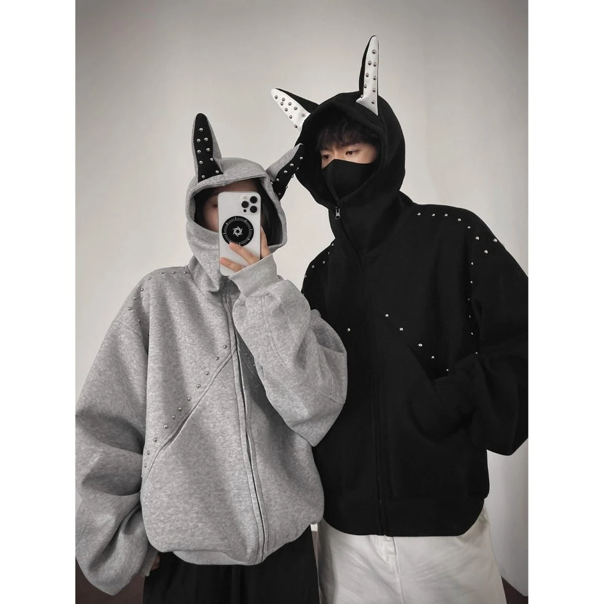 

Couples American Sle Dog Print Hoodie Men's Spring Autumn Faion Brand Rivet Cool Heavy Coat Loose Fit Zipper Closure Casu...