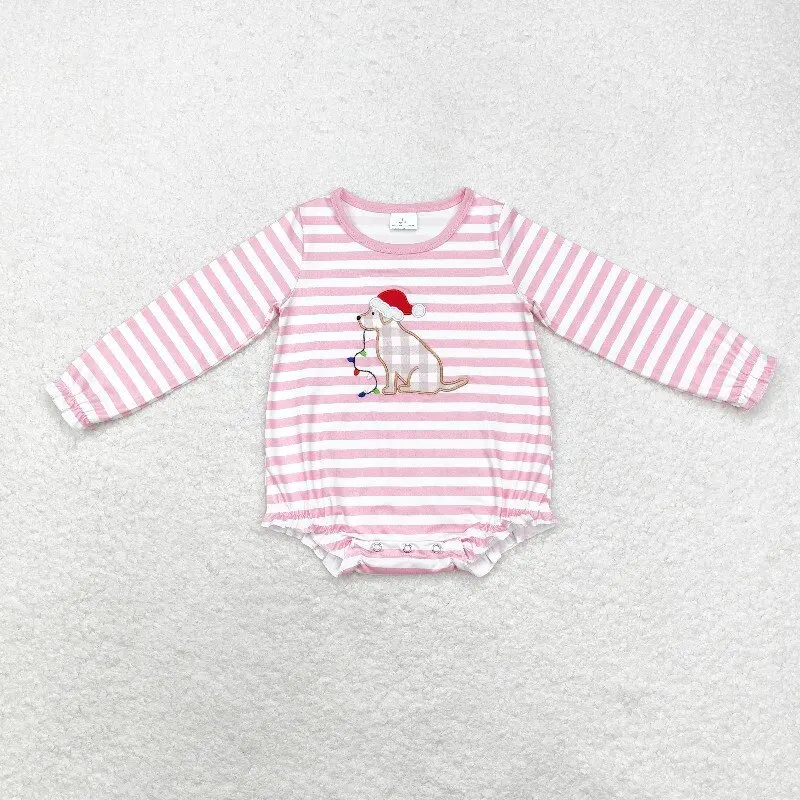 

8.22y Boutique Baby Girls Romper with Embroidered Christmas Hat And Puppy Light Pink And White Striped Long-Sleeved Onesie