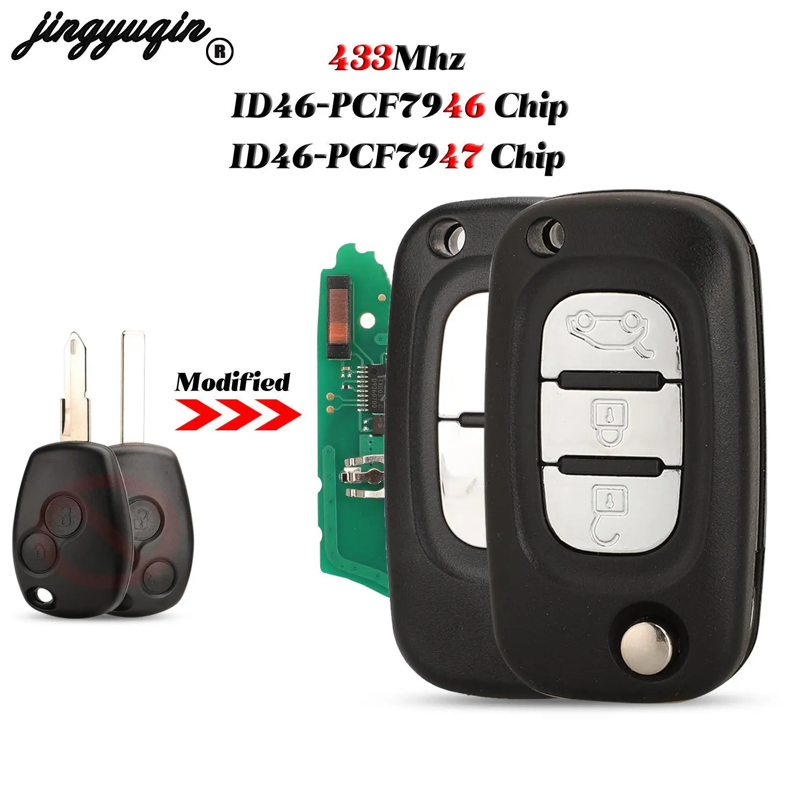 jingyuqin Modified 433MHz Flip Remote Key PCF7946/7947 For Renault Vivaro Traffic Master Kangoo Clio Dacia FOB VA2 NE72 VAC102