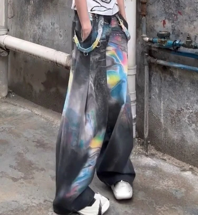 

Американские ретро-джинсы 2025 года со старым выцветным крашением, свободные универсальные широкие брюки в стиле панк с высокой талией для уличной одежды