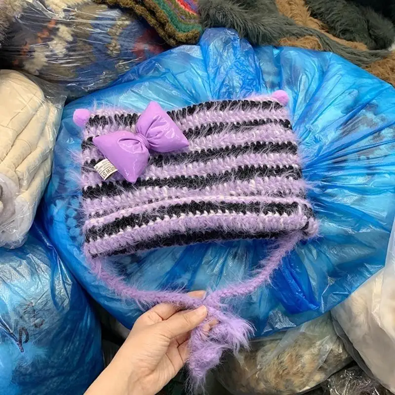 보라색 줄무늬 비니 소녀 Y2K 모자 니트 모자 두꺼운 손으로 짠 모자 스트리트 Y08E