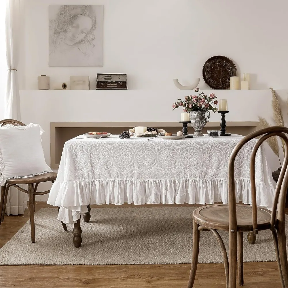 مفرش طاولة مكشكش مطرز بالقطن على طراز المزرعة - غطاء طاولة طعام مستطيل من الدانتيل الأبيض #3