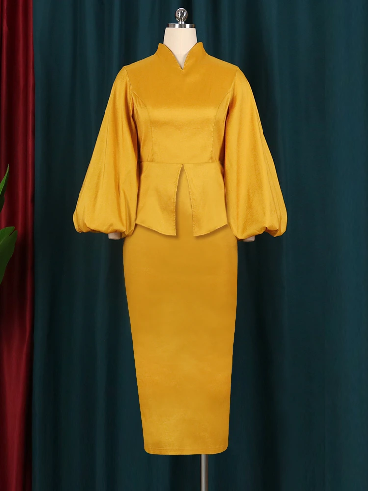 Yellow Dresses Midi Length Long Lantern Sleeve Bodycon Plus Size Dress for Womne Birthday Evening Cocktail Party Gowns Outfits