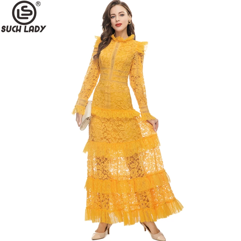 

Women's Runway Dresses Ruffled Collar Long Sleeves Embroidery Lace Sexy Hollow Out Elegant Fashion A Line Maxi Prom Gown