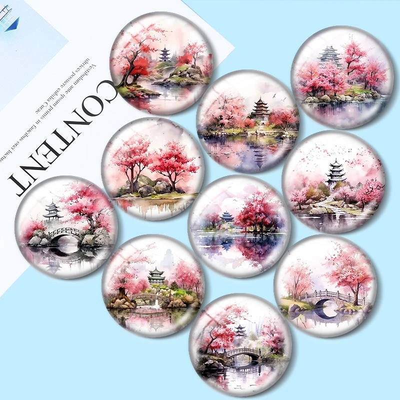 

Cherry Blossom Mountain 12/18/20/25mm glass cabochon bracelet pendant rings for jewelry demo earrings back Making findings