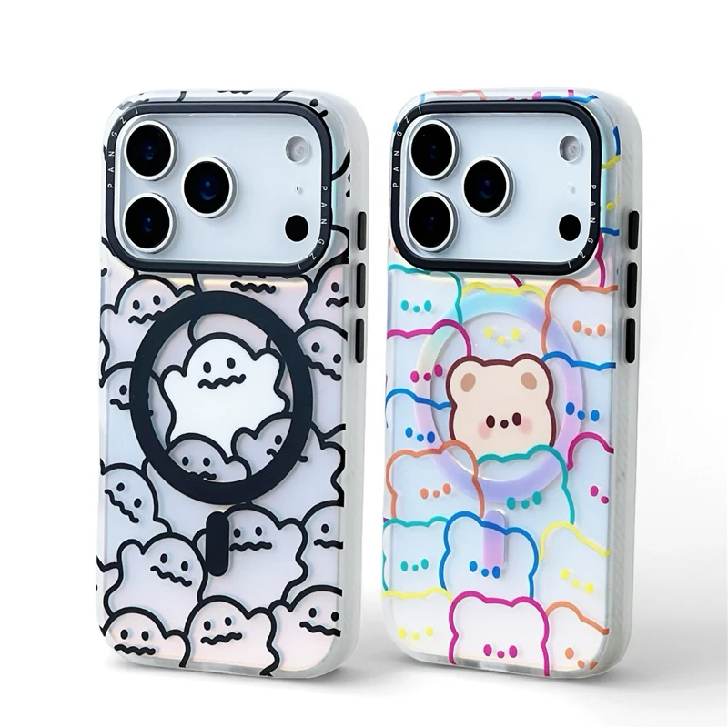 

Lovely Cartoon Bear Print Magnetic for Magsafe Case For iPhone 17Pro 16 15 17Pro Max Matte PC+Silicone Wireless Charging Cover