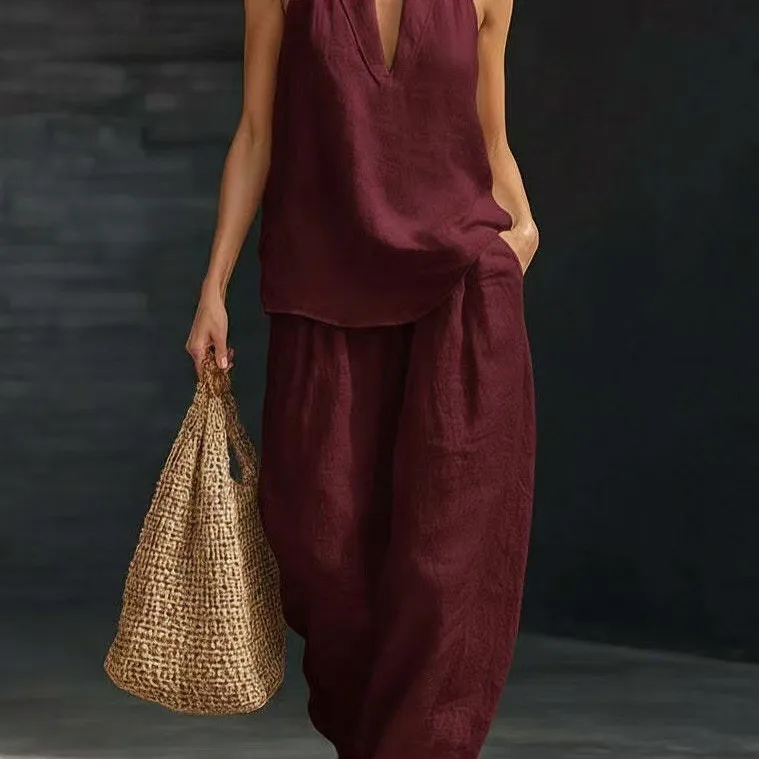 Sommerliches Damen-Freizeit-Set aus Leinen: 2-teiliges Halter-Neck V-Ausschnitt Top und Weite-Bein-Hose für Strand und Urlaub – Detail 8