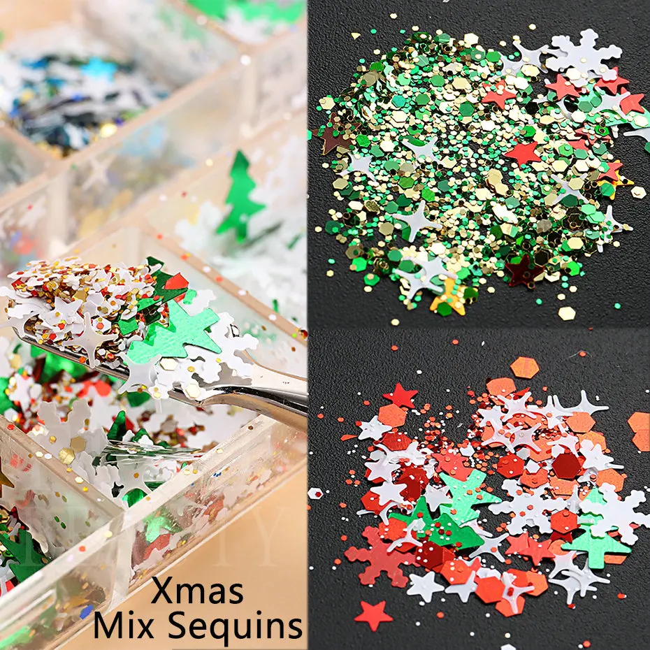 Merry Christmas Flakes Nails Art Glitter Green Red Xmas Sequins White Snowflakes Stars Paillette Winter Manicure Decoration #SDF