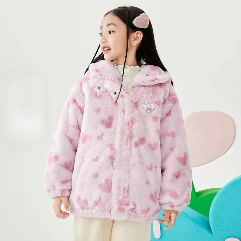 

【Officially authorized】Winter Plush Warm Cotton Jacket New children's clothing heart-shaped plush Warm Girl Baby Coat Gradient H