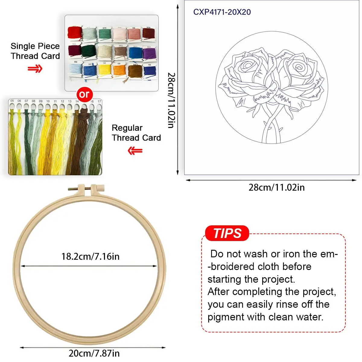 1 Stück 20X20CM/15X15CM 7,87/6,3 Zoll Rosenblumen-Stickerei-Starter-Kit DIY-Kit DIY-Stickerei-Set Handarbeiten Nähkunst – Detail 5
