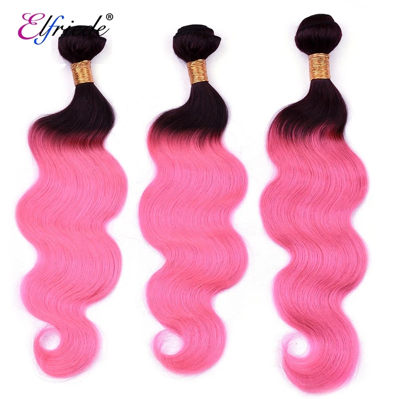 Elfriede Ombre 1B/Pink Body Wave Hair Bundles with Closure Colored Human Hair Weaves 3 Bundles with Transparent Lace Closure 4x4