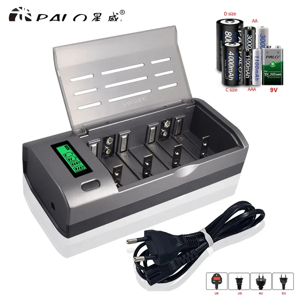 PALO 4 Slot LCD Display Smart Charger for 1.2V AA/AAA Ni-MH/Ni-Cd or C/D Size LR20 NiMH/Ni-Cd 9V Rechargeable Batteries