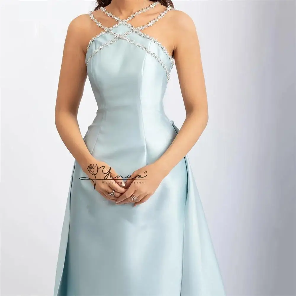 

customized Light Blue Prom Dress Shiny Beading Halter Party Dresses Stain Sleeveless Celebrity Gowns with Detachable Tail