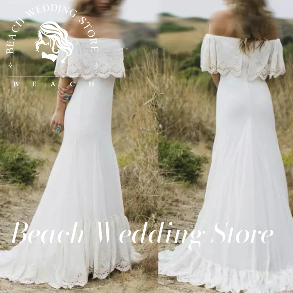 Beach Customized A-Line Country Style Maternity Floor Length  Wedding Off the Shoulder White Chiffon Bridal Dresses Zipper Back