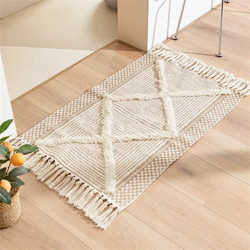 Hand Woven Cotton Linen Carpet Living Room Retro Bohemian Tassel Rug Nordic Floor Mat Bedroom Bedside Area Rug Home Decoration