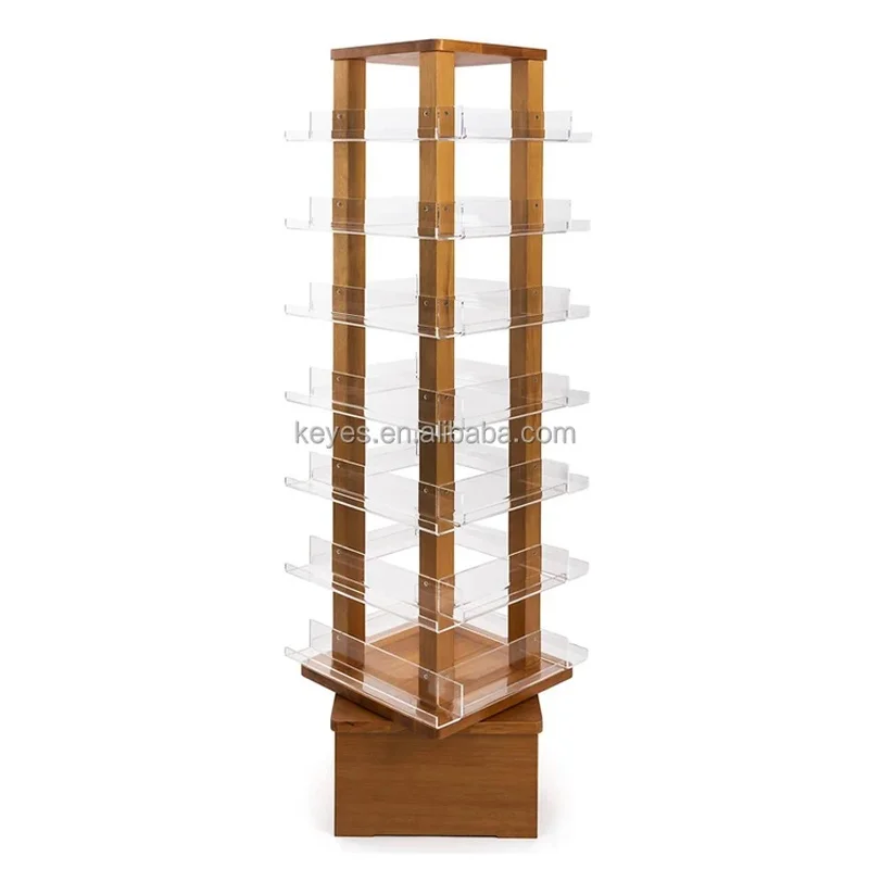 custom.Modern Eco-Friendly Rotating Greeting Card Display Rack Wood Frame Acrylic Pockets Easy Assembly Customizable Size Co