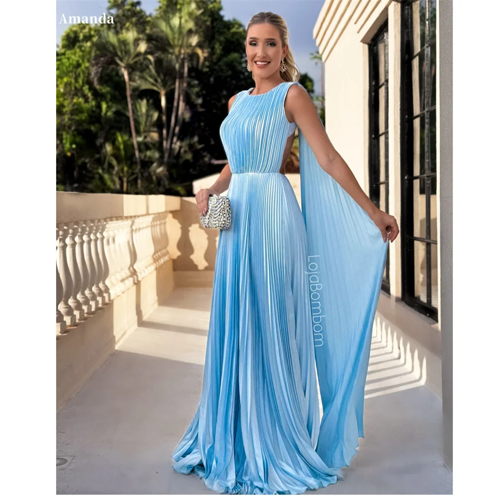 

Amanda Customized Blue O-Neck Shawl Prom Dresses A-Line Draped Backless vestidos de noche Elegant Sleeveless Formal Evening 2025