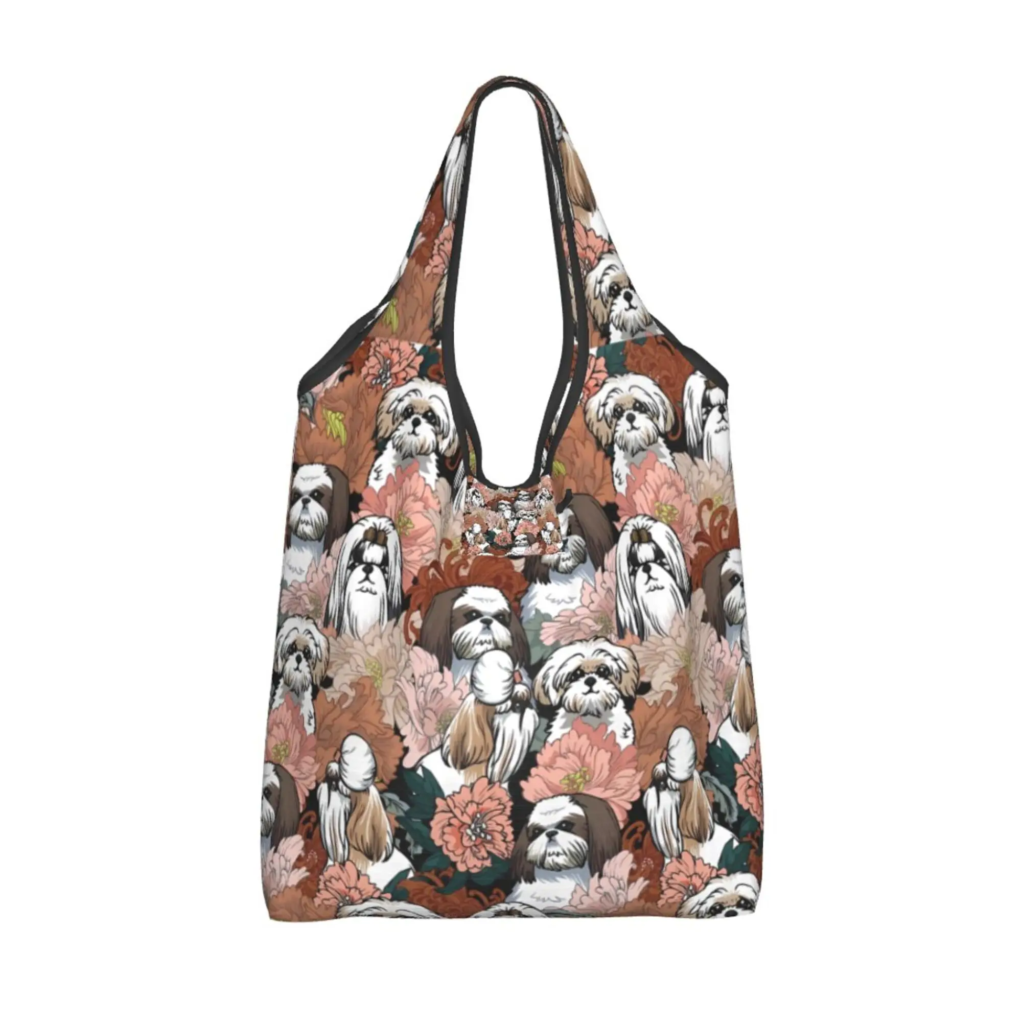 Bolsas de mano plegables ecológicas para compras al aire libre, bolsas de comestibles reciclables, lindas flores de perro Hih Tzu, mujeres y niñas, talla única