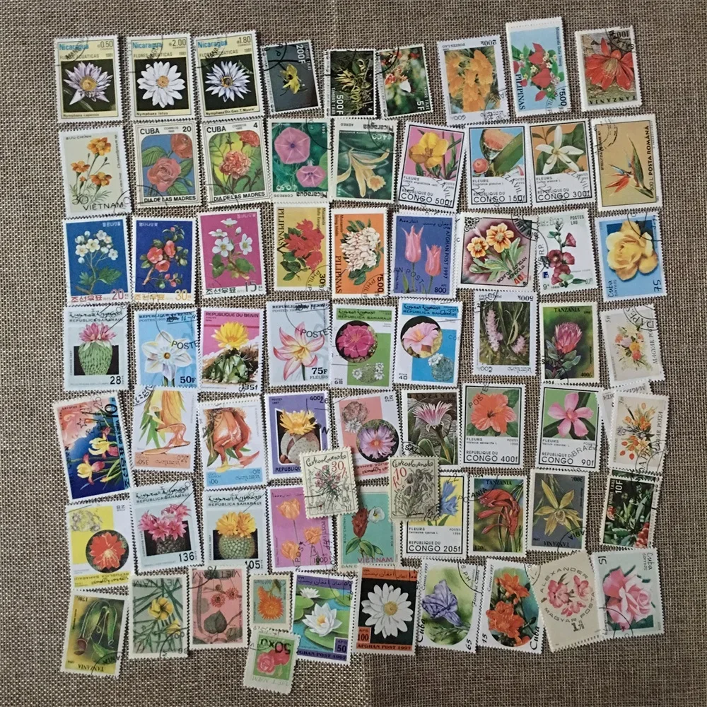 50 unidades/conjunto flores todos diferentes de muitos países sem repetição com selos postais de marca postal para coleta