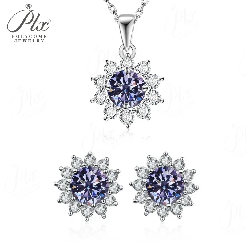 � ​ Sonnenblumen-Ohrstecker, Anhänger-Halskette, Moissanit-Schmuckset, stapelbar, S925 Sterling Silber, mehrfarbig, hypoallergene Charms – Detail 21