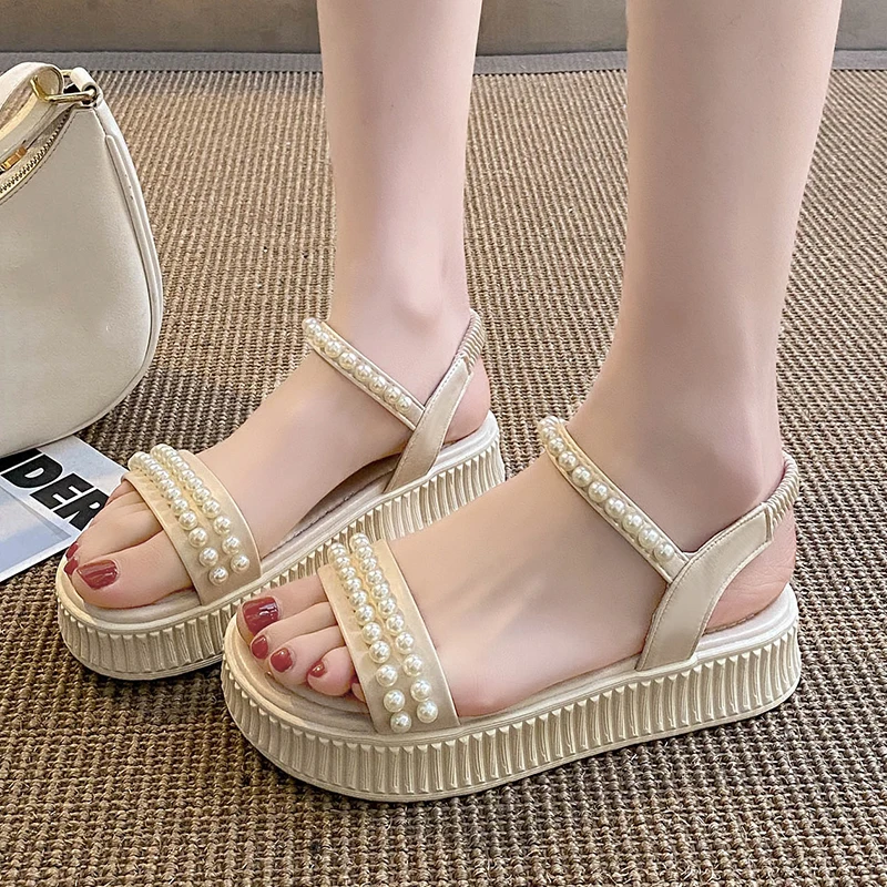 Fashion Pearl Strap Thick Sole Sandals Women Summer Back Elastic Band Platform Sandals Woman Pu Leather Non Slip Clogs Sandalias