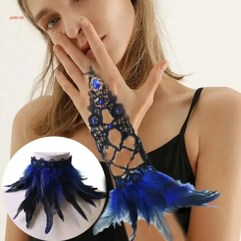 Halloween Shawl Choker Neck Wrap with Feathered and Lace Fingerless Gloves for Cosplay Stage Performances Theme Parties