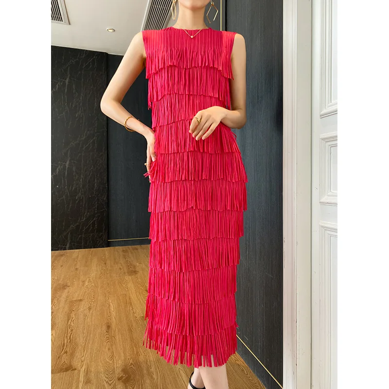 Pleated Dress Women\'s Summer Classic Graceful and Fashionable Solid Color Sleeveless Slimming Slim Dress [sx01]