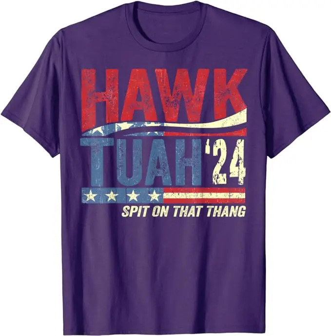 Hawk Tuah 24 liah pada Thang T-Shirt US bendera Amerika cetak grafis atasan huruf dicetak mengatakan Tee lengan pendek blus hadiah