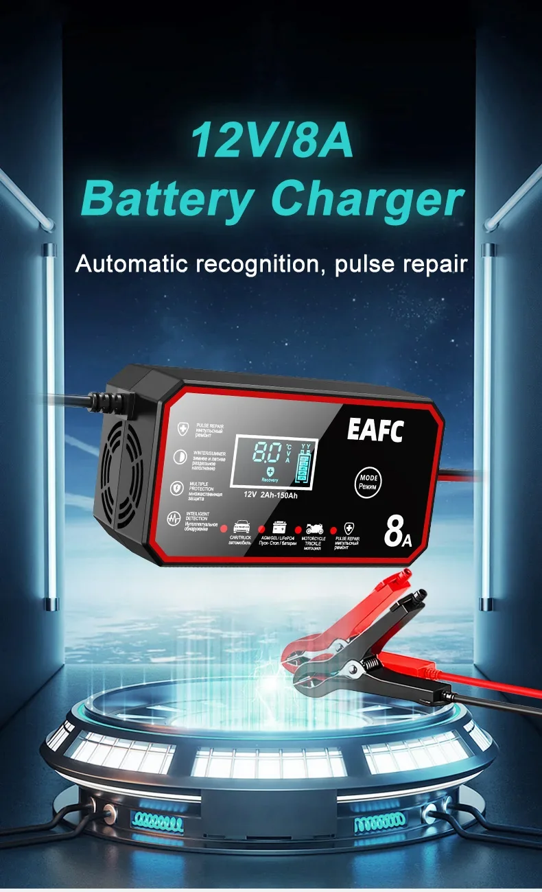 EAFC 6A /8A 12V Intelligentes Autobatterieladegerät Auto- und Motorradbatterieleinheit Blei-Säure-Batterie-Reparatur LCD-Display – Detail 11