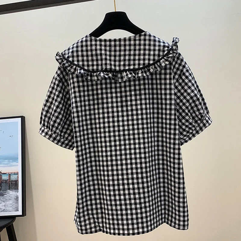 Summer Blouses Women Vintage Comfortable Plaid Chic Ladies Ulzzang Student All-match 2 Styles Casual Cozy Hipster Lace-up Design