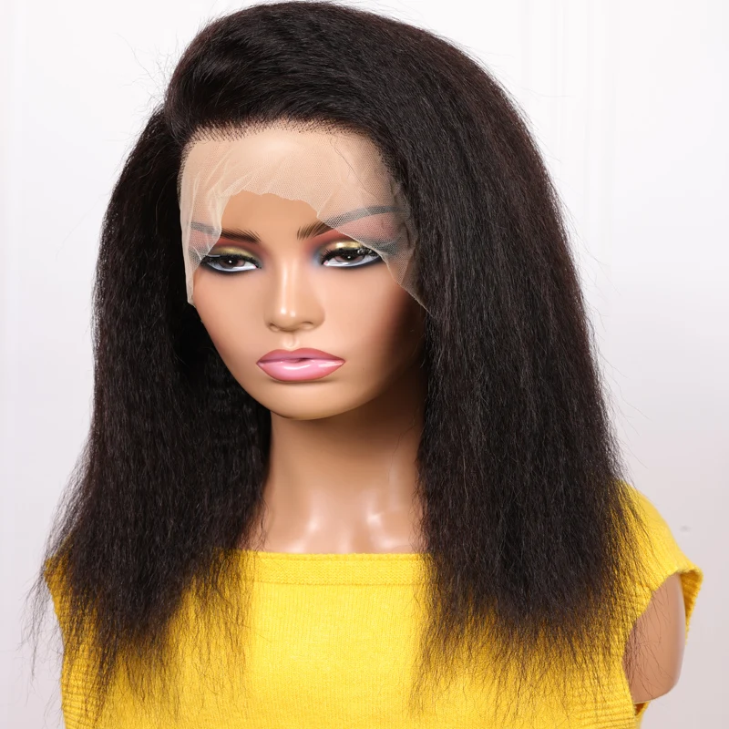 180Density Yaki Glueless Soft 16“ Bob Kinky Straight Lace Front Wig For Women BabyHair Black Preplucked Heat Resistant Daily