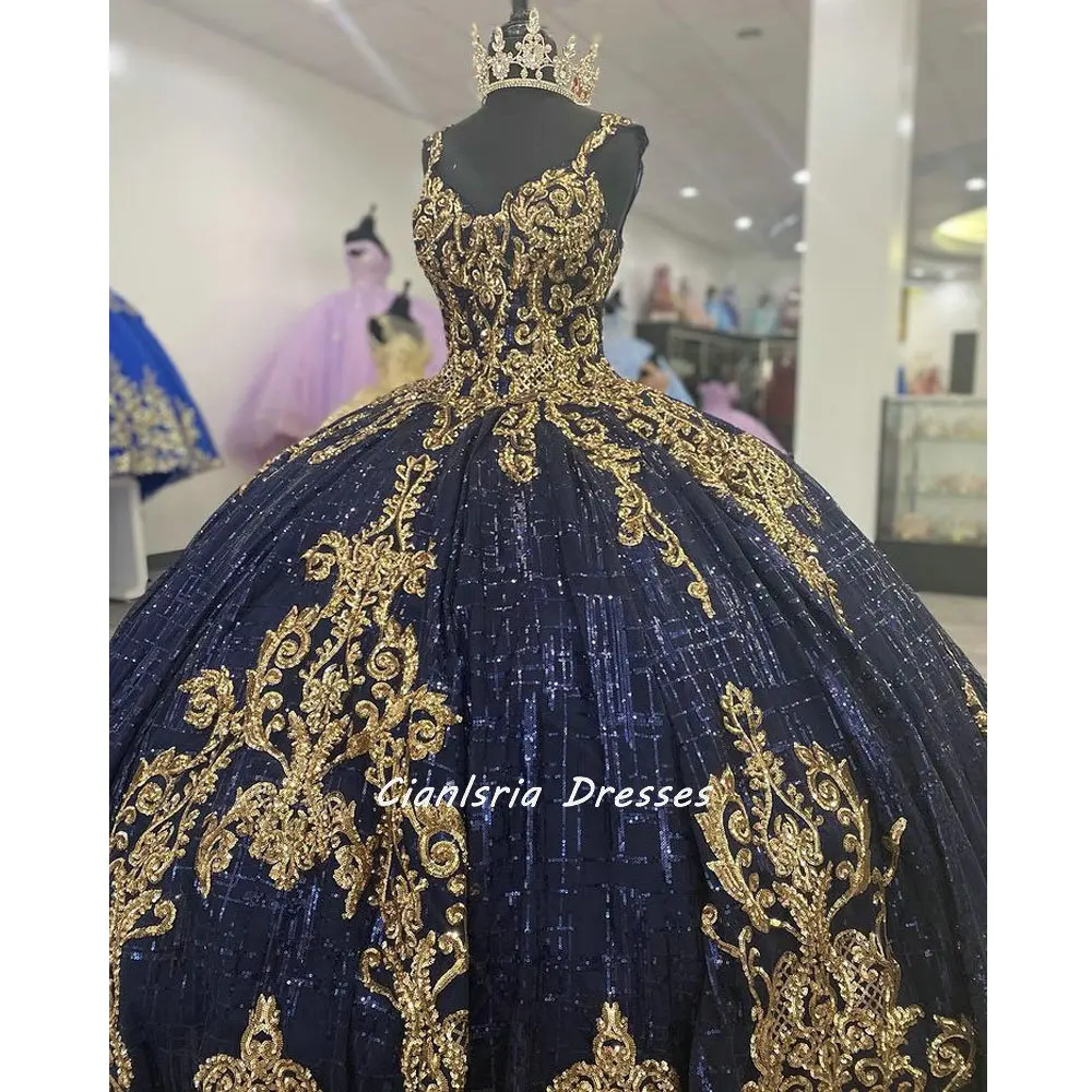 Navy Blue Spaghetti Strap Glitter Crystal Quinceanera Dress With Gold Appliques Corset Ball Gown Vestidos De 15 Años