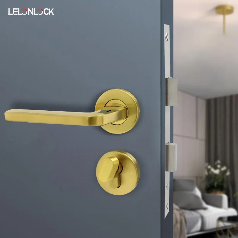 Complete Set Stainless Steel 304 Lever Handle Lock PVD Bright Gold Universal Interior Wooden Door Lock