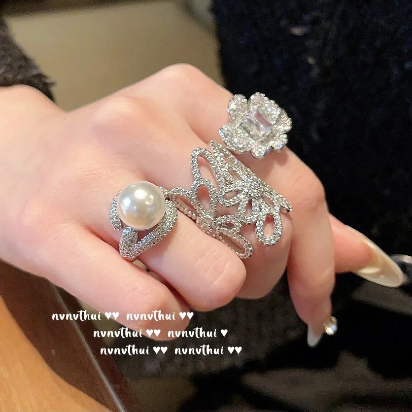 ZLIDIN Miss Alice Flower Gemstone Ring Bridal Bouquet  Plating Romantic Flower Sea Zircon Pearl Ring