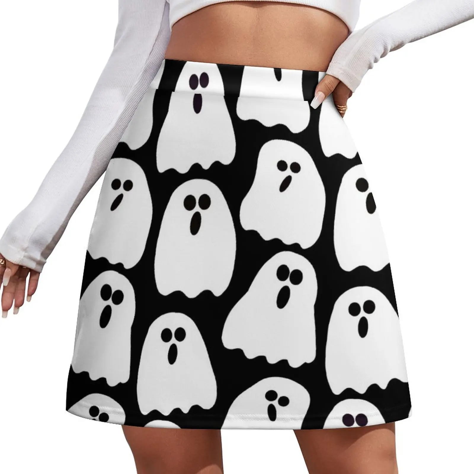 

Halloween Black and White Ghosts Pattern Mini Skirt skirt set Skirt satin shorts rave outfits for women