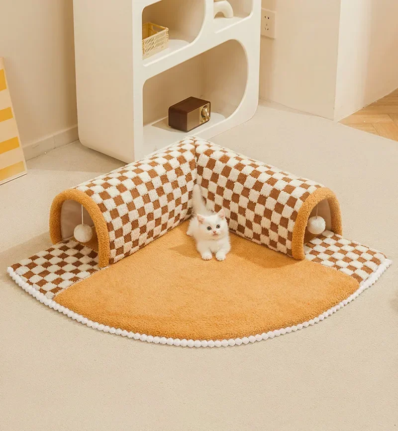 

2-in-1 Cat Tunnel Bed Tunnel and Mat Dog House Bed Foldable Tunnel Tubes Toy House Warm Scratching Ball Pet Play Accessories