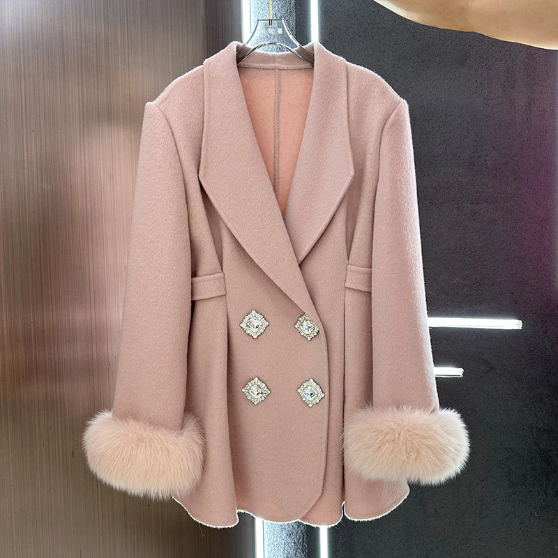 

Fashion Winter Cashmere Wool Suit Jacket Woolen Real Natural Fox Fur Cuff Ladies Outwear Coat Female Coat Women Luxury Jacket