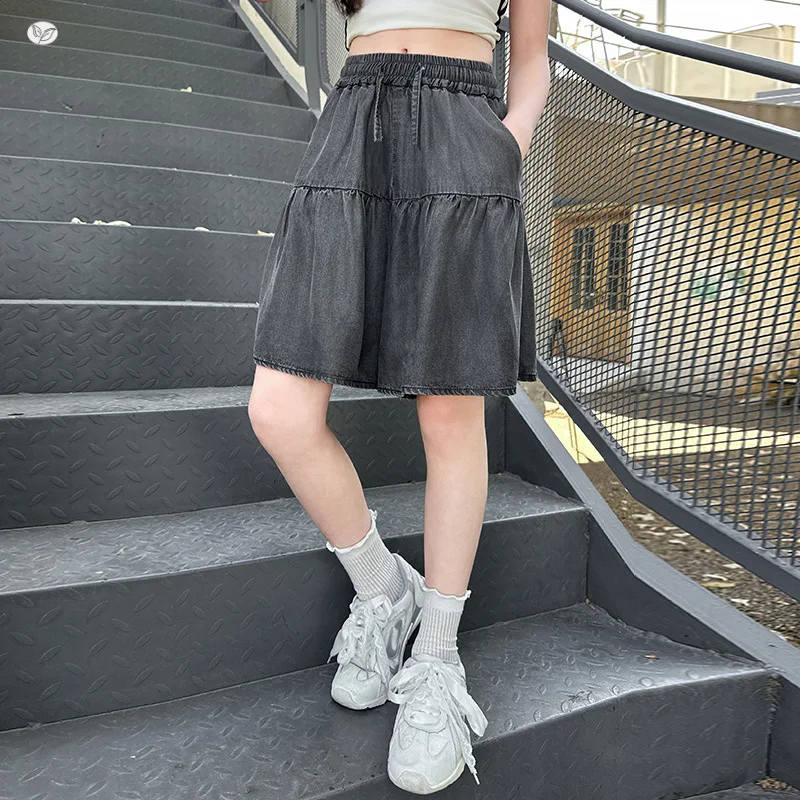 شورت جينز صيفي مرقع للفتيات، شورت فضفاض، تصميم تنورة، سروال رفيع بطول خمسة أرباع، تنورة للمراهقين عالية الخصر على شكل حرف A P