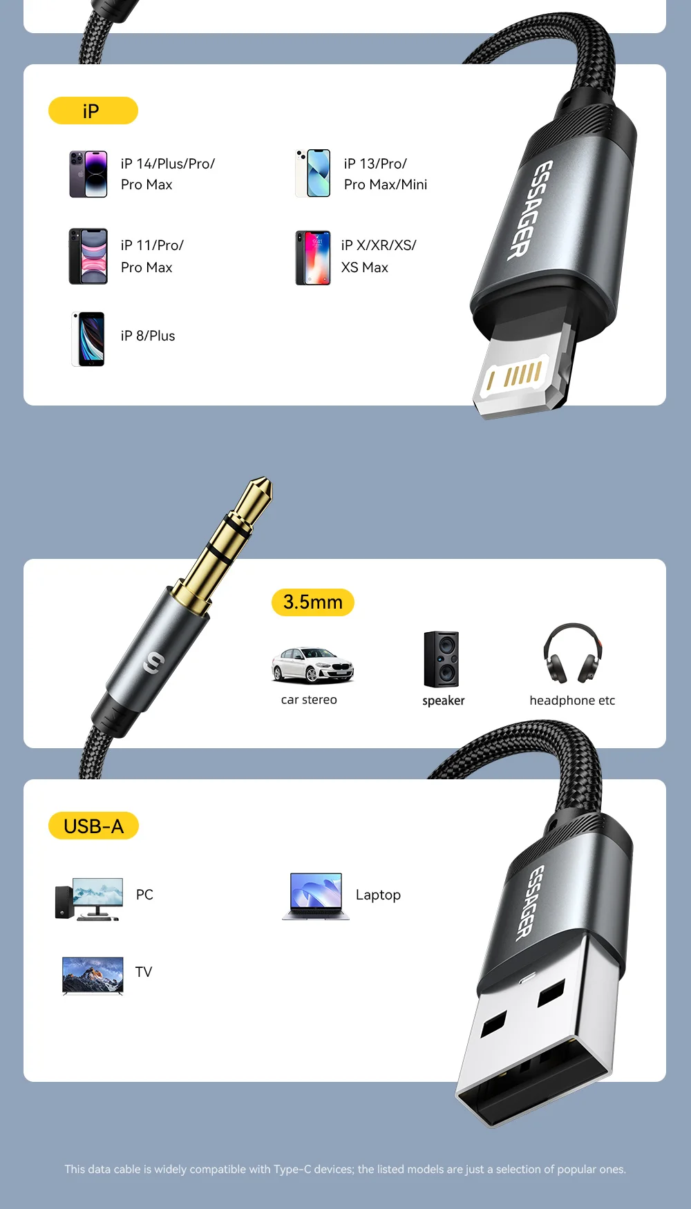 Essager Type C/USB-A/Lightning To 3.5mm Jack AUX Cable Audio Adapter for Phone Headphones Car HIFI Stereo Sound Audio Connector