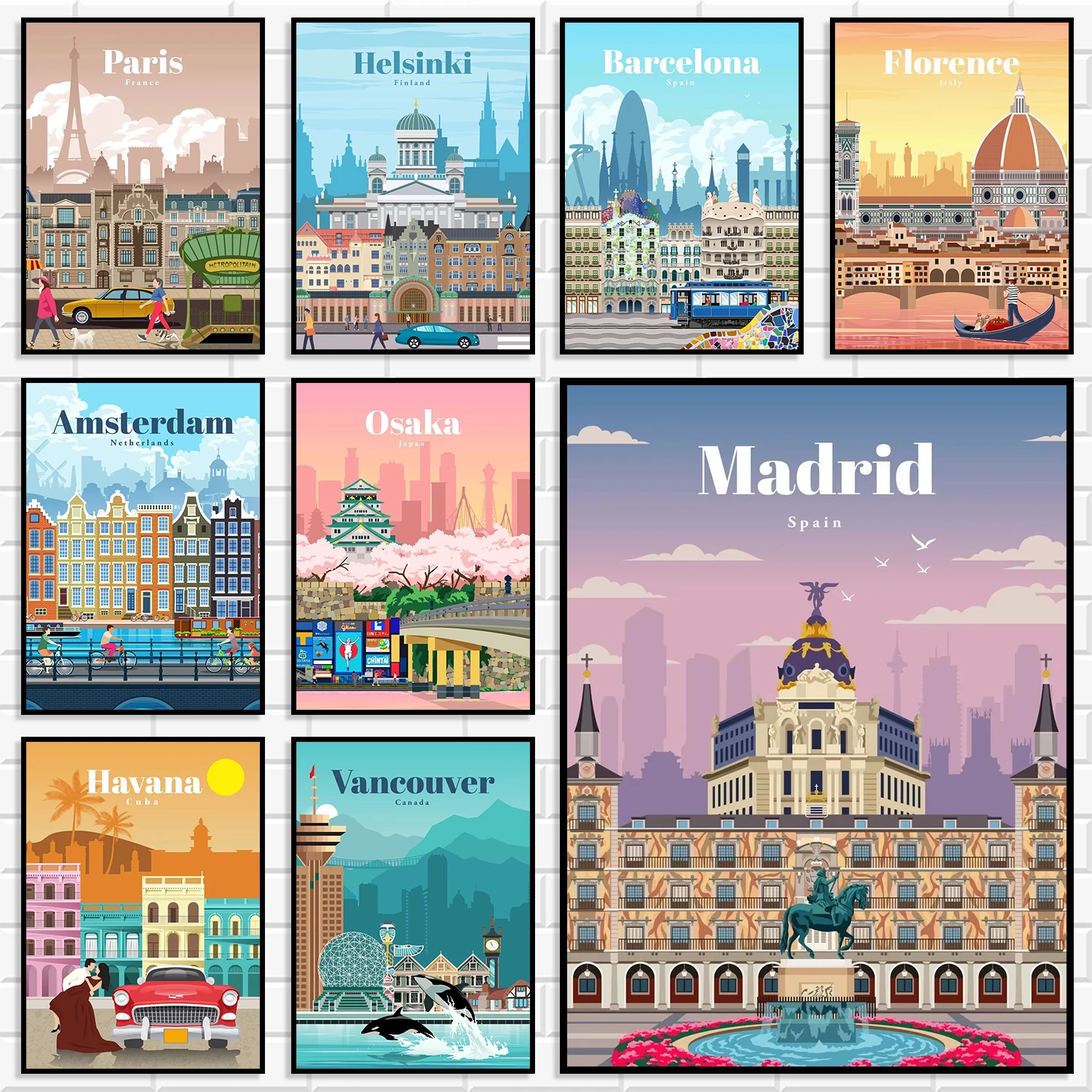 Retro World Cityscape Canvas Painting Famous Global City Landmark Travel Poster Travel Themed Wall Decor For Travel Enthusiasts