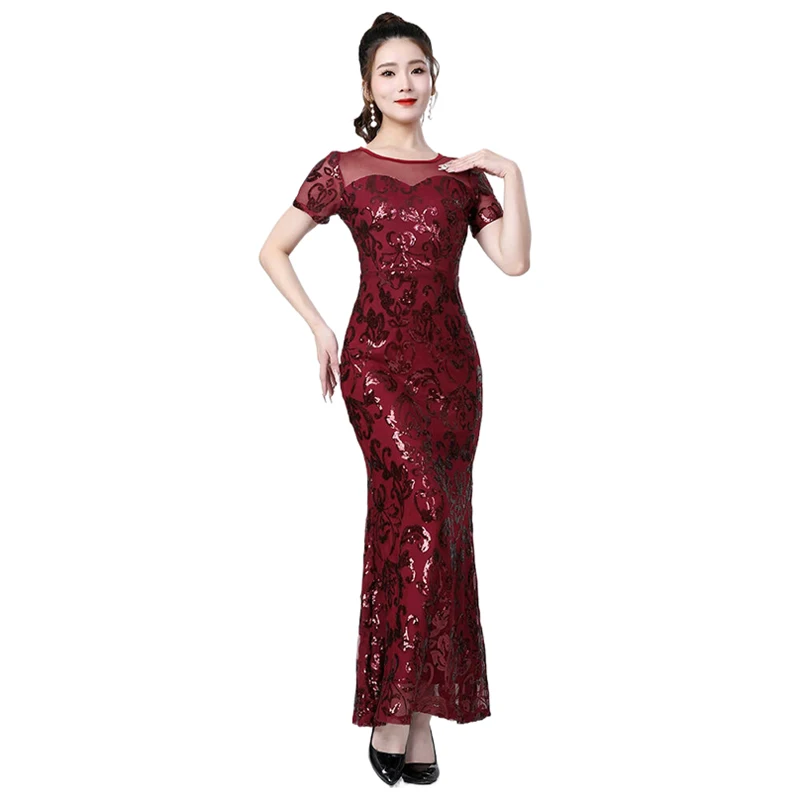Damen Pailletten-Meerjungfrauenkleid, langes Abendkleid, kurze Ärmel, formelles Kleid für Party, Bankett, Bühnenauftritt, Hochzeitsgast, Maxikleid – Detail 2