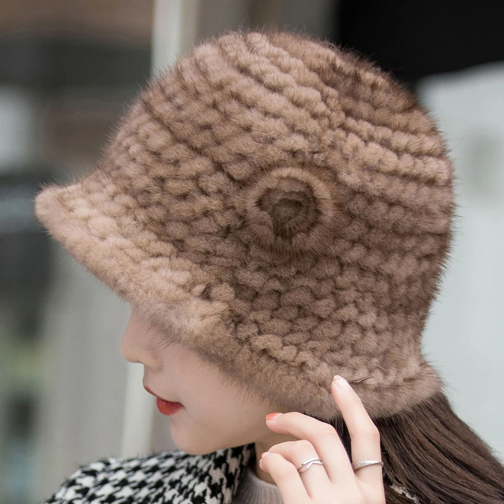 Woman Hat Winter Solid Mink Caps With Flower Natural Mink Fur Hats New Russian Girl Soft Knitting Real Fur Bucket Hats 2024 Warm